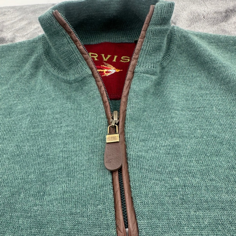 Orvis Mens L Green 100% Merino Wool Quarter Zip Sweater Leather Trim RN70534 - Picture 2 of 8
